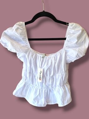 Miss Selfie White Puff-Sleeve Peplum Blouse